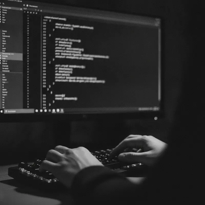 Hands on a keyboard in front of a monitor showing code in a dark editor