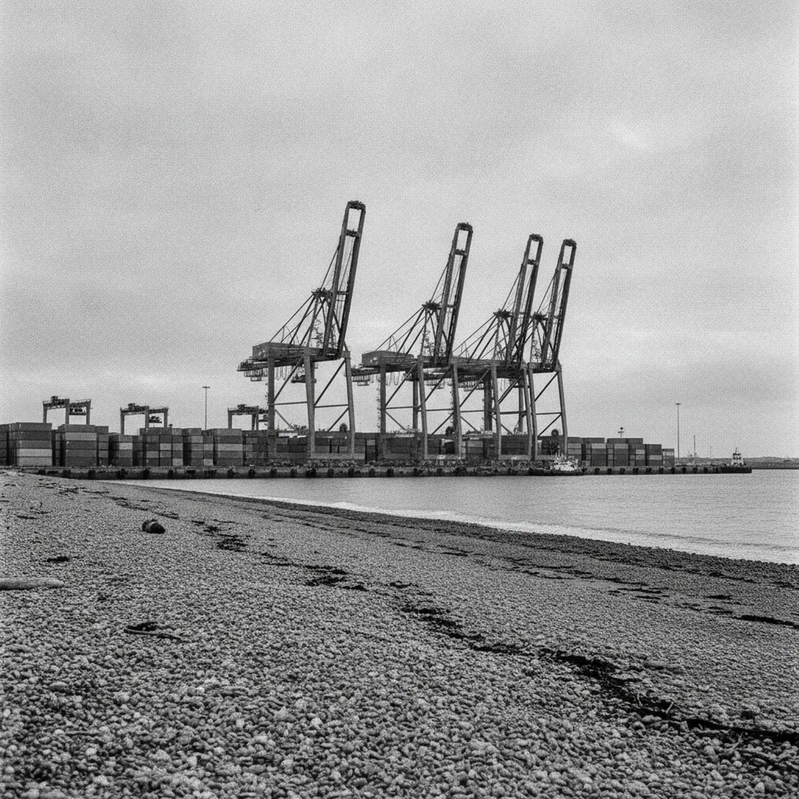 Container cranes and stacked shipping containers at a large east coast port seen from a shingle beach