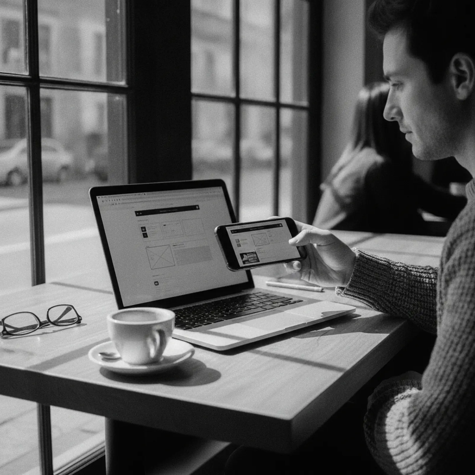 A person testing a website on a smartphone held in hand beside a laptop on a cafe table