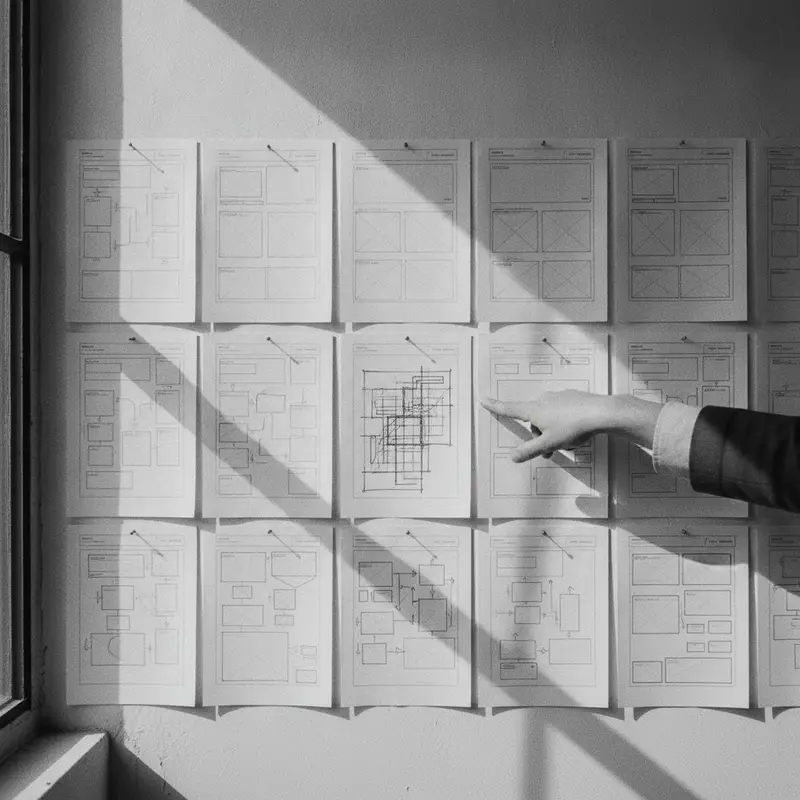 Printed page plans and paper wireframes pinned in rows on a studio wall, a hand pointing at one sheet