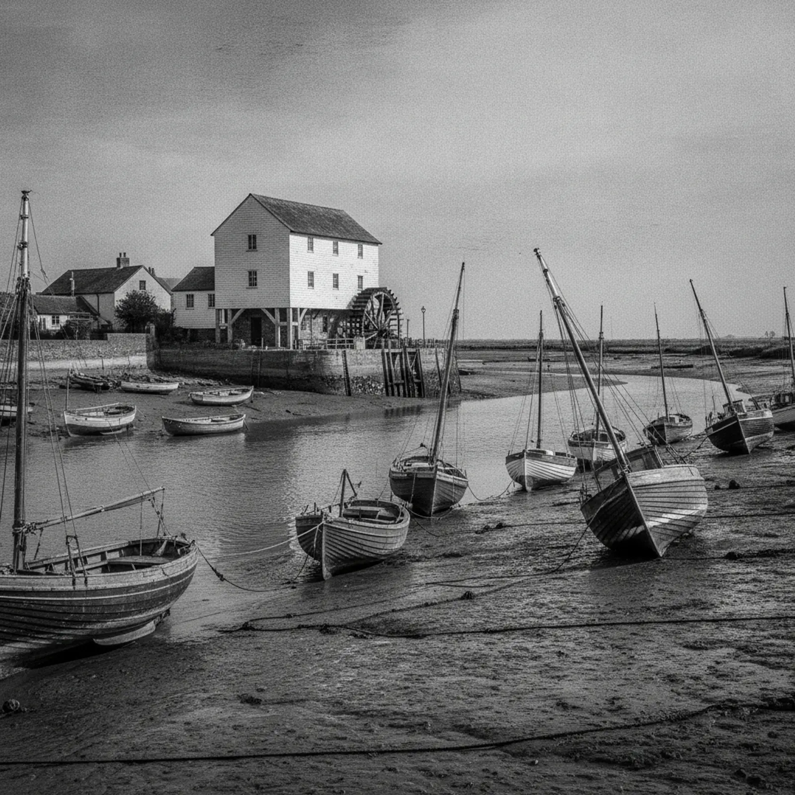 Weatherboarded tide mill on the River Deben at Woodbridge with boats at low tide